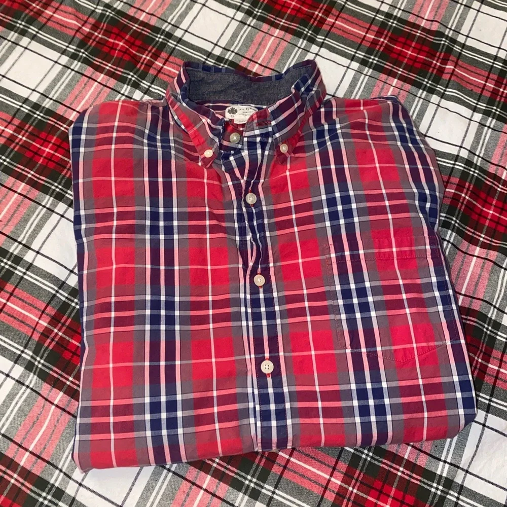 J.Crew Men’s Chapman Washed Tartan Plaid Button-Down Shirt | Red Blue Cotton XL
